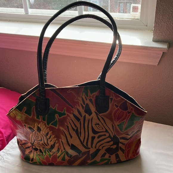 Vintage Tooled Leather Zebras Burgundy Red & Black Tote - Picture 2 of 5